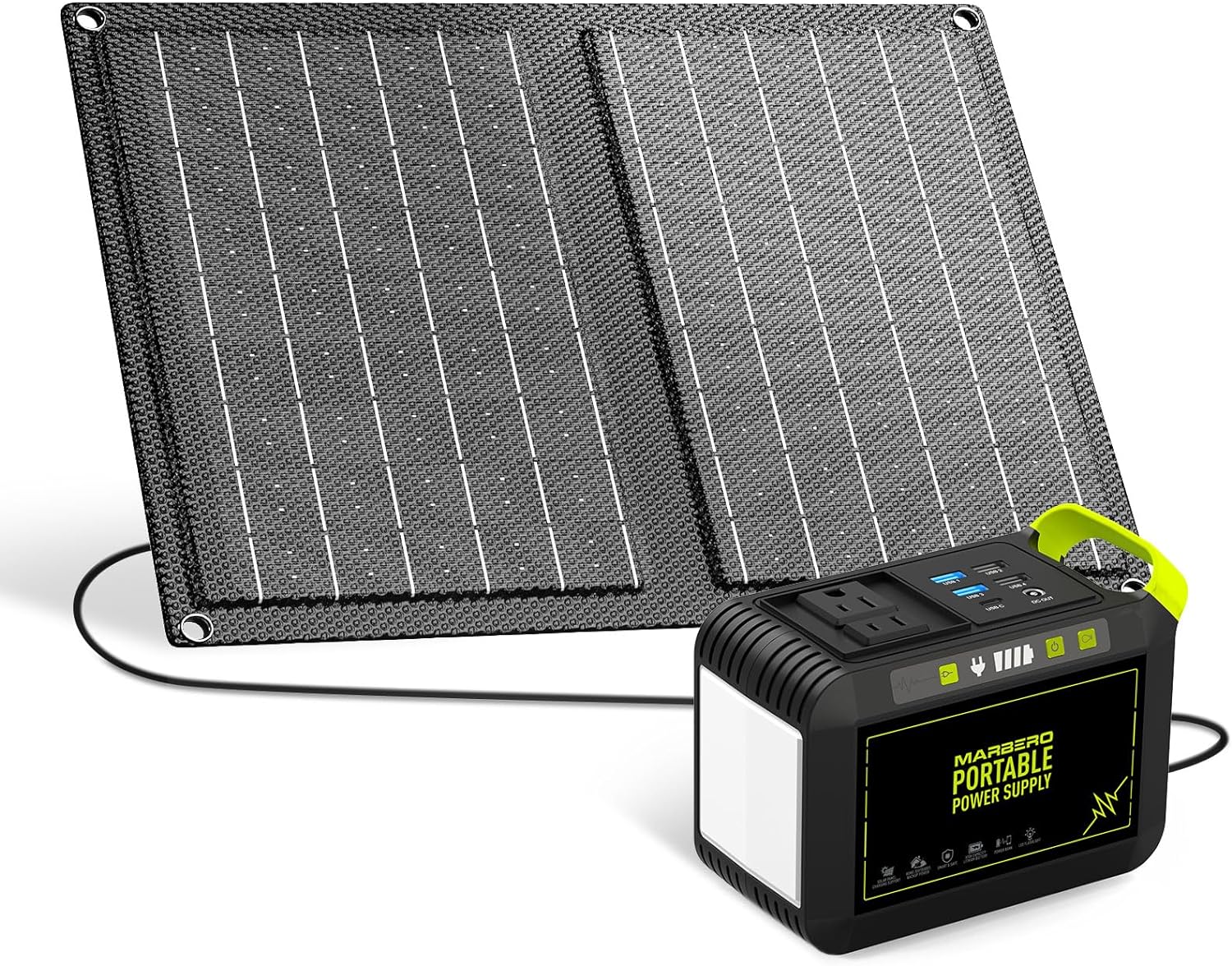 MARBERO Generador solar para camping, estación de energía portátil de 88 Wh, generador de pico de 120 W con panel solar incluido 21 W, CA, CC, USB QC3.0, linterna LED para exterior... 7